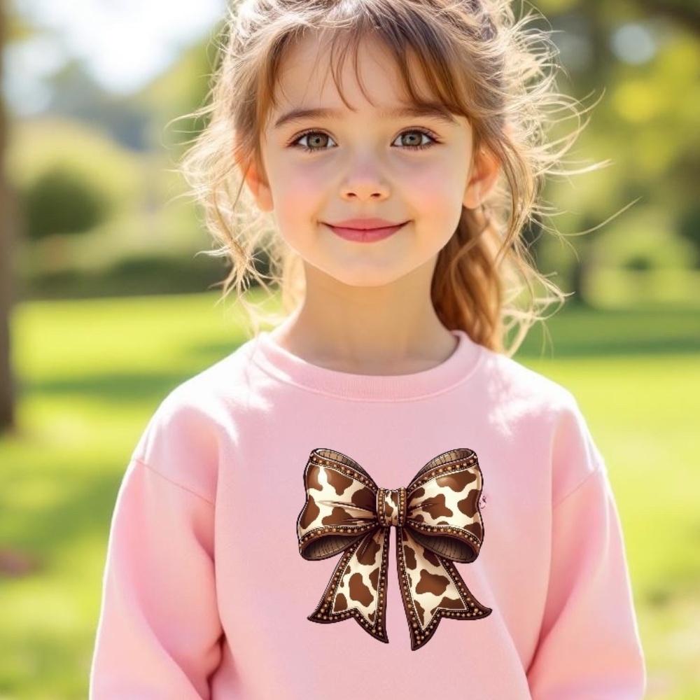 Brown Cow Print "Cow-Bow T-shirt long sleeve Pink 2T- 5T Custom made Girl White